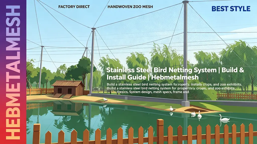 Stainless steel bird netting system – build and install guide for zoo aviaries, property and crop protection by Hebmetalmesh; flat vector illustration of a large waterfowl aviary with metal posts, cable netting roof and swans on a pond.