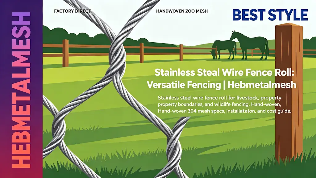 Stainless steel wire fence roll – versatile hand-woven 304 stainless steel mesh for livestock, property boundaries and wildlife fencing by Hebmetalmesh; flat vector illustration of wire rope netting with a green pasture and horses in the background.