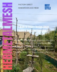 A large-scale walk-in aviary design featuring high-transparency stainless steel rope mesh roof and walls, integrating natural trees, rock features, and wooden platforms to create a zoo-grade backyard bird sanctuary.