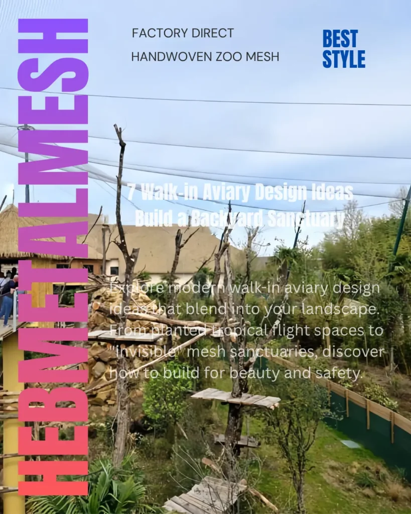 A large-scale walk-in aviary design featuring high-transparency stainless steel rope mesh roof and walls, integrating natural trees, rock features, and wooden platforms to create a zoo-grade backyard bird sanctuary.