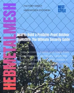 A high-security predator-proof outdoor enclosure featuring large raptors behind hand-woven stainless steel rope mesh, demonstrating the strength and transparency required to stop hawks, raccoons, and foxes.