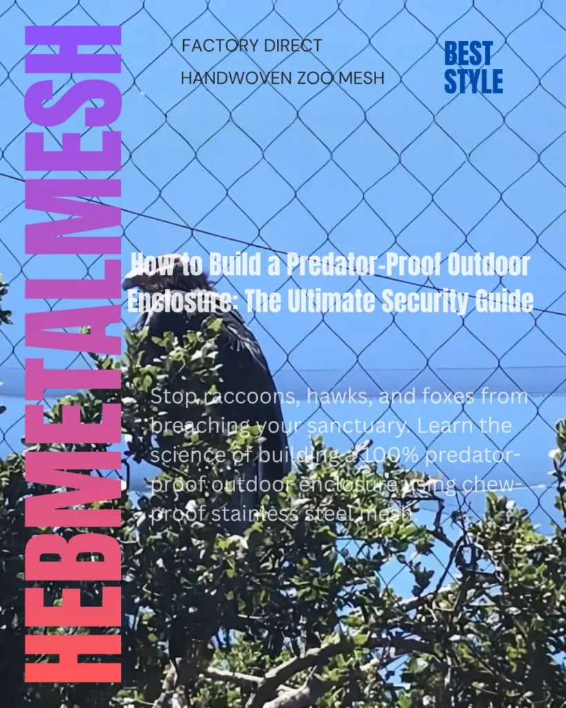 A high-security predator-proof outdoor enclosure featuring large raptors behind hand-woven stainless steel rope mesh, demonstrating the strength and transparency required to stop hawks, raccoons, and foxes.