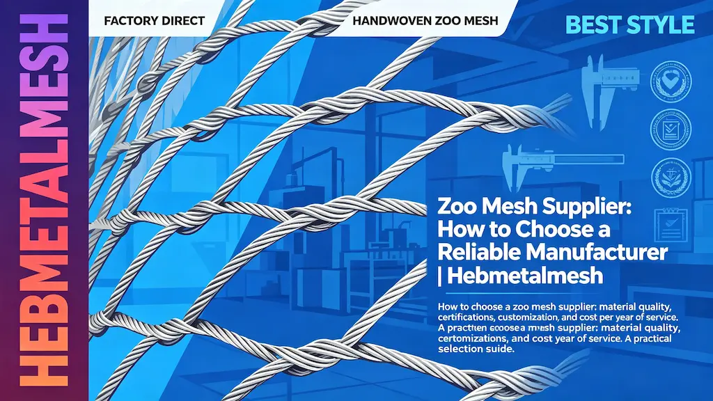 Zoo mesh supplier – how to choose a reliable stainless steel zoo mesh manufacturer by Hebmetalmesh; flat vector illustration of handwoven stainless steel wire rope mesh with quality inspection and factory manufacturing elements.