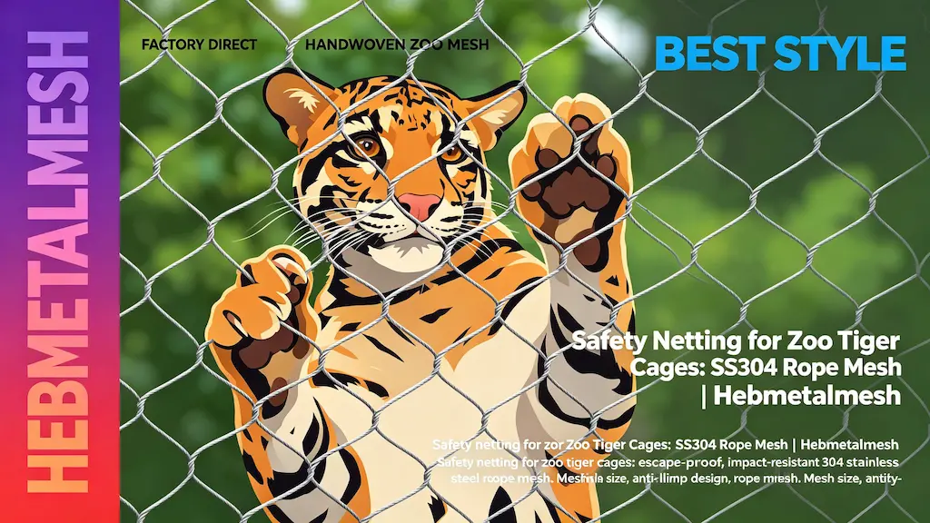 Safety netting for zoo tiger cages – escape-proof 304 stainless steel rope mesh by Hebmetalmesh; flat vector illustration of a tiger gripping handwoven stainless steel wire netting with its paws in a zoo enclosure.