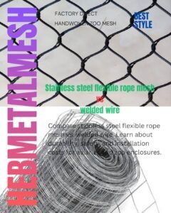 A side-by-side comparison of black hand-woven stainless steel flexible rope mesh and a galvanized welded wire roll for zoo enclosure and aviary construction.