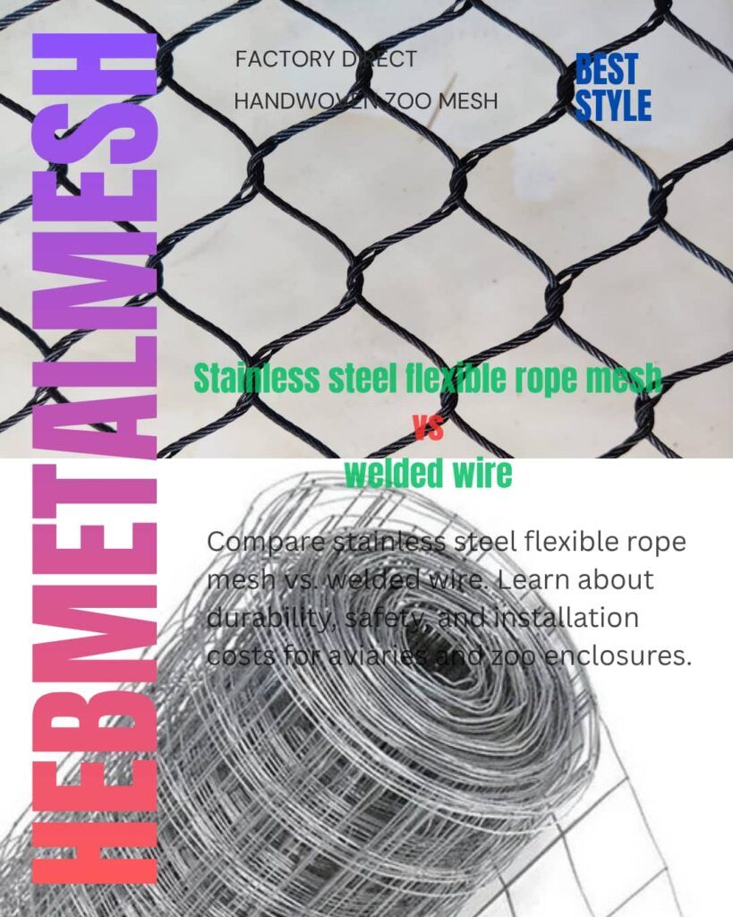 A side-by-side comparison of black hand-woven stainless steel flexible rope mesh and a galvanized welded wire roll for zoo enclosure and aviary construction.