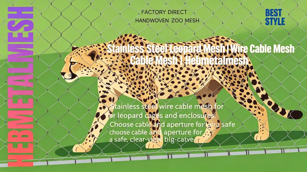 Stainless steel leopard mesh and wire cable mesh by Hebmetalmesh – flat vector illustration of a cheetah inside a handwoven stainless steel rope netting enclosure for zoo exhibits and big-cat cages.