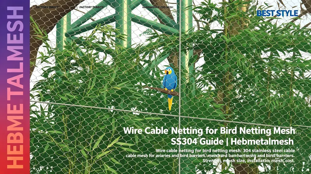 Wire cable netting for bird netting mesh – 304 stainless steel cable mesh guide by Hebmetalmesh; flat vector illustration of a macaw inside handwoven stainless steel wire rope netting aviary with green metal frame.
