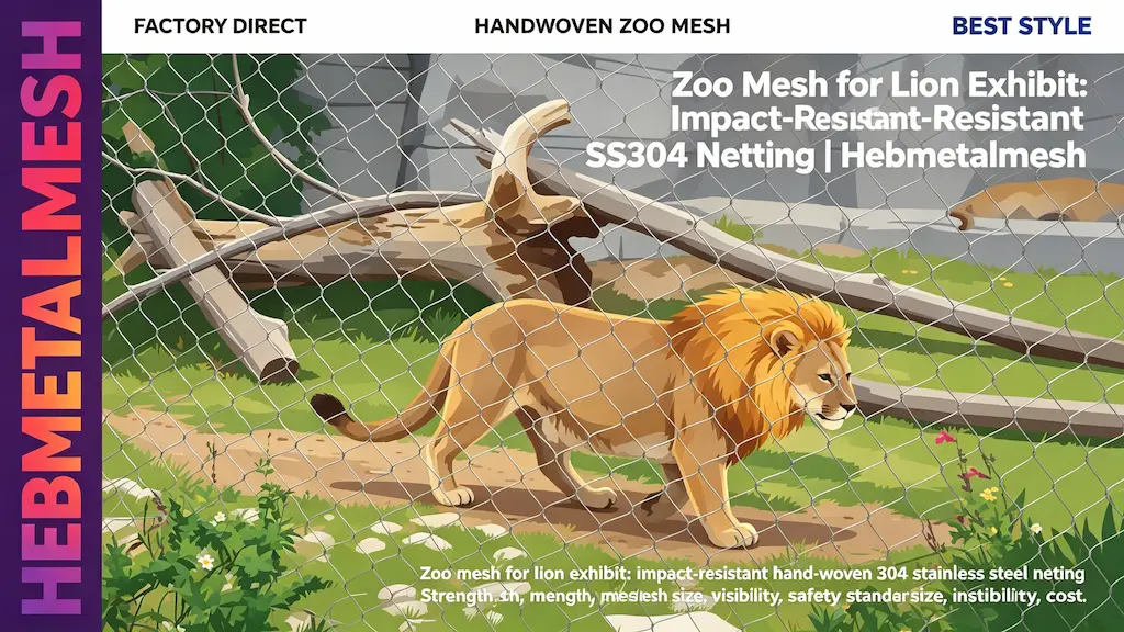 Zoo mesh for lion exhibit – impact-resistant 304 stainless steel netting by Hebmetalmesh; flat vector illustration of a male lion walking inside handwoven stainless steel wire rope mesh in a zoo big-cat enclosure.