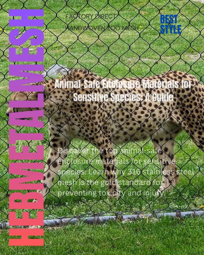 A cheetah in a professional zoo habitat featuring hand-woven stainless steel mesh, demonstrating animal-safe enclosure materials for sensitive species.