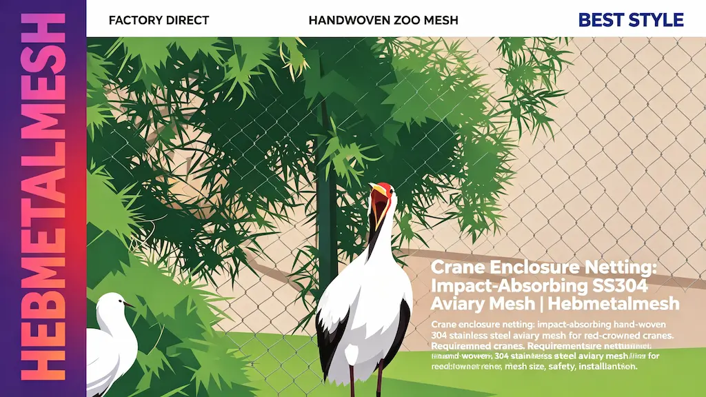 Crane enclosure netting – impact-absorbing 304 stainless steel aviary mesh for red-crowned cranes by Hebmetalmesh; flat vector illustration of a crane standing inside handwoven stainless steel wire rope netting in a zoo aviary.
