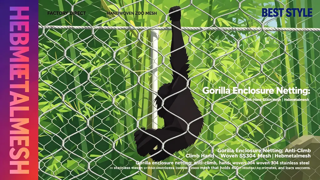 Gorilla enclosure netting – anti-climb hand-woven 304 stainless steel zoo mesh by Hebmetalmesh; flat vector illustration of a gorilla climbing on stainless steel wire rope netting inside a primate zoo exhibit.
