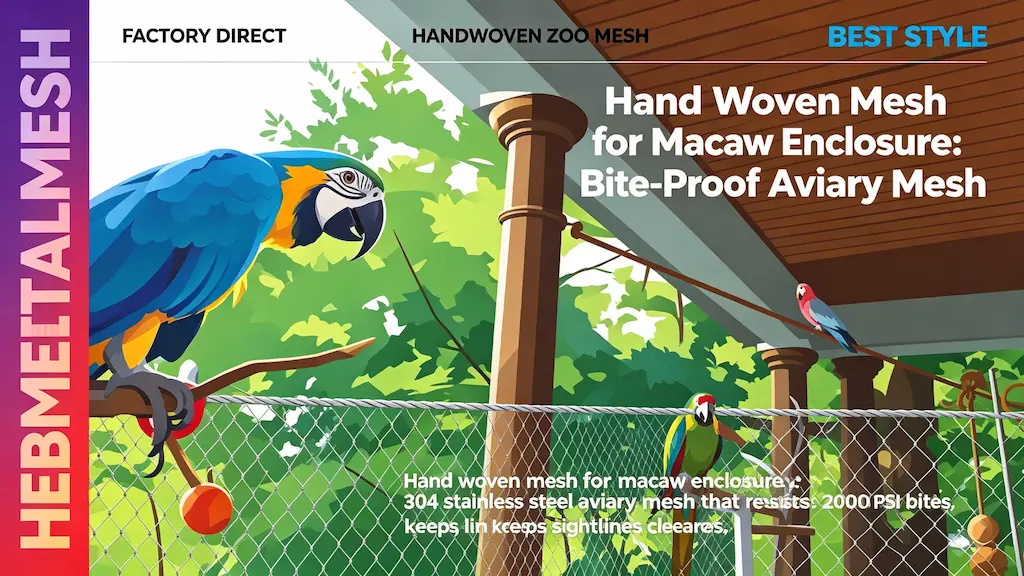 Hand woven mesh for macaw enclosure – bite-proof 304 stainless steel aviary mesh by Hebmetalmesh; flat vector illustration of a blue-and-gold macaw perched inside a handwoven stainless steel rope mesh bird aviary.