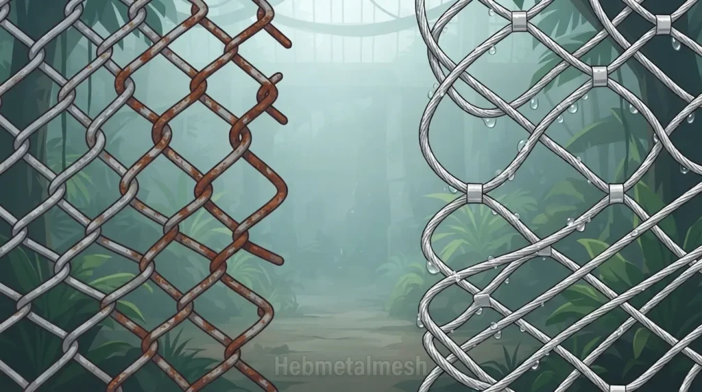 A stylized anime vector illustration comparing rusty galvanized mesh (left) and pristine, rust-free Hebmetalmesh stainless steel mesh (right) in a humid environment, demonstrating corrosion resistance.