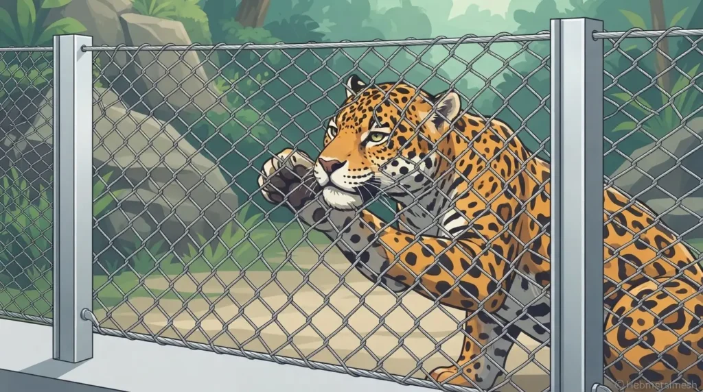 A stylized anime vector illustration of a jaguar pushing against a strong Hebmetalmesh stainless steel cable barrier, demonstrating impact resistance and safety.