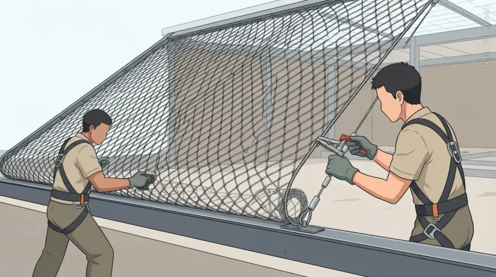 A stylized anime vector illustration showing installers securing a large panel of Hebmetalmesh stainless steel rope mesh to a frame, illustrating the installation process.