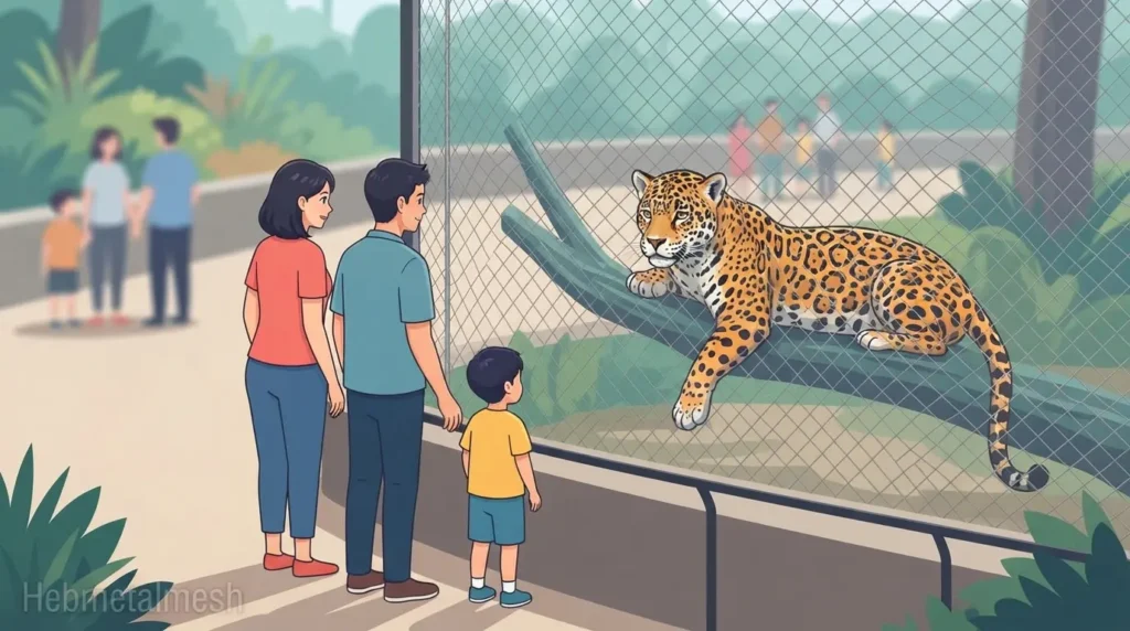 A stylized anime vector illustration showing a family viewing a jaguar through a highly transparent Hebmetalmesh stainless steel cable net, highlighting clear sightlines.