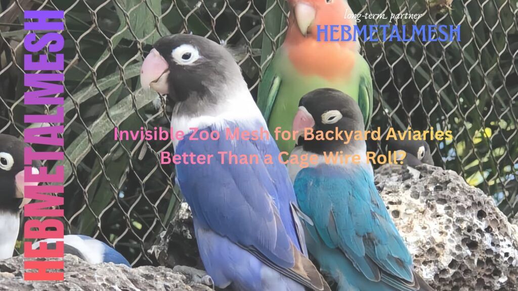 Vibrant lovebirds in a professional enclosure using invisible zoo mesh for backyard aviaries instead of a standard cage wire roll.