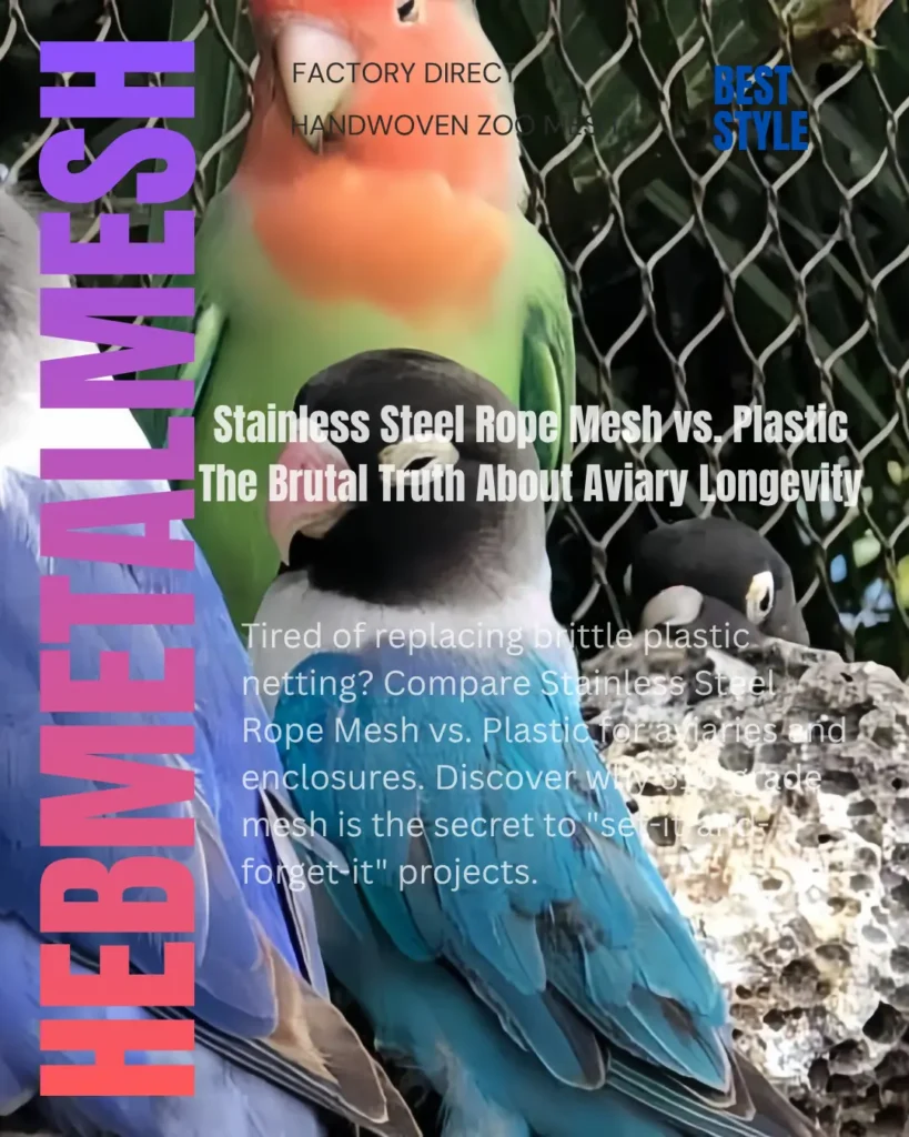 A side-by-side visual comparison of colorful parrots in an enclosure using durable stainless steel rope mesh versus brittle plastic netting, highlighting the transparency and predator-proof security of metal mesh.