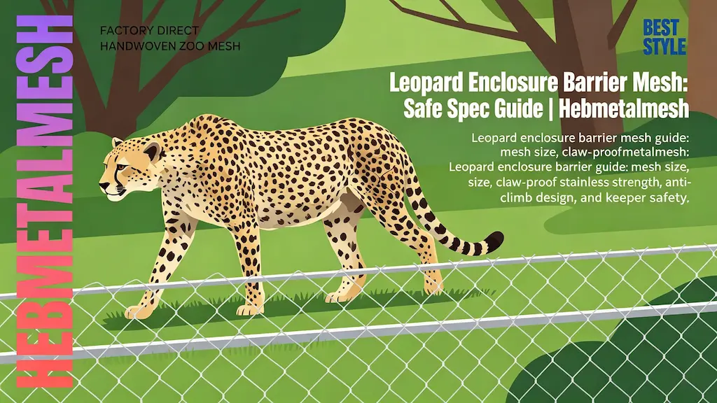 Leopard enclosure barrier mesh – claw-proof stainless steel spec guide for leopard exhibits and cages by Hebmetalmesh; flat vector illustration of a cheetah walking behind handwoven stainless steel wire rope netting in a zoo big-cat enclosure.