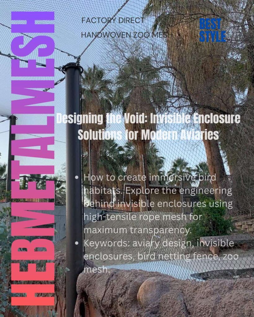 A large-scale outdoor aviary featuring high-tensile stainless steel rope mesh supported by black steel masts, demonstrating maximum transparency against a backdrop of palm trees and a clear sky.