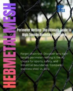 Close-up of handwoven black oxide stainless steel perimeter netting showing the high-tensile wire rope construction for industrial safety and architectural boundaries.