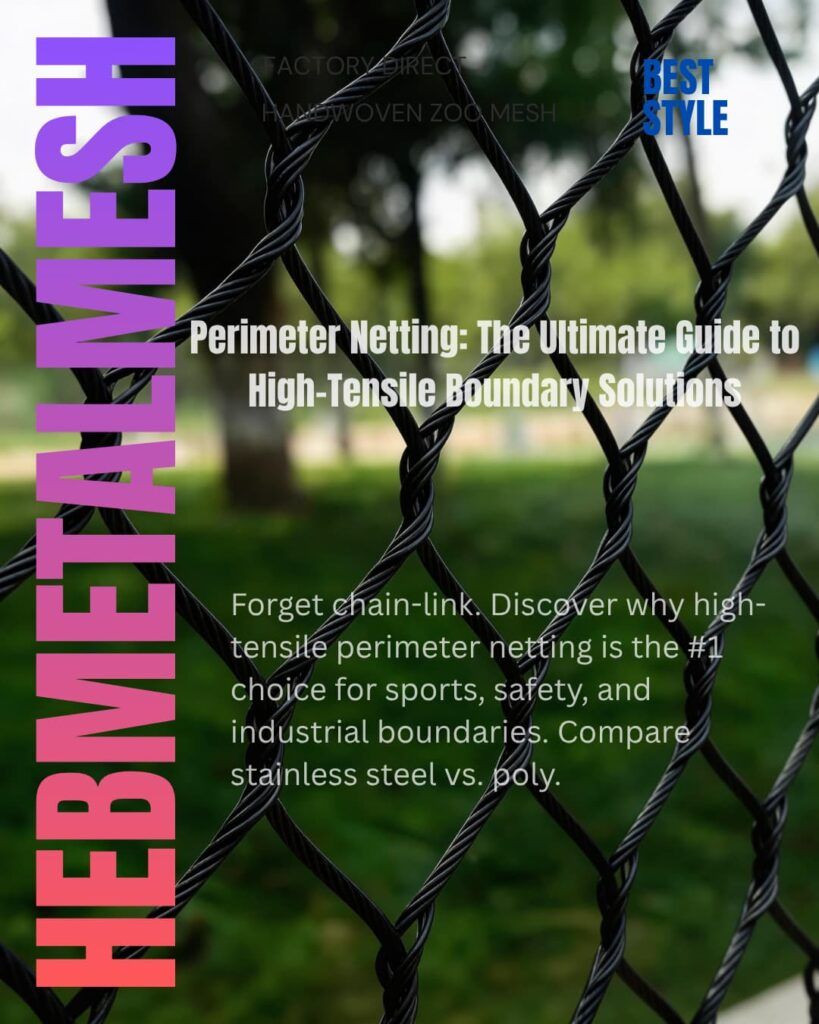 Close-up of handwoven black oxide stainless steel perimeter netting showing the high-tensile wire rope construction for industrial safety and architectural boundaries.