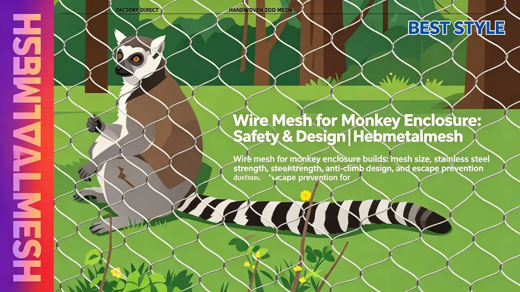 Wire mesh for monkey enclosure – anti-climb stainless steel primate fencing with escape prevention by Hebmetalmesh; flat vector illustration of a lemur gripping handwoven stainless steel wire rope netting in a zoo sanctuary enclosure.