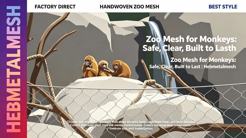 Zoo mesh for monkeys – escape-proof stainless steel rope mesh with clear sightlines by Hebmetalmesh; flat vector illustration of monkeys on rocks behind handwoven stainless steel wire netting in a zoo exhibit.