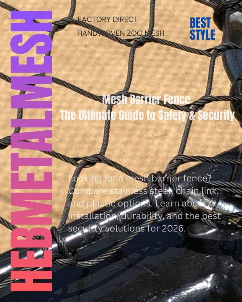 Close-up of a black oxide hand-woven mesh barrier fence by Hebmetalmesh, showing the durable stainless steel rope knots used for zoo enclosures and safety perimeters.