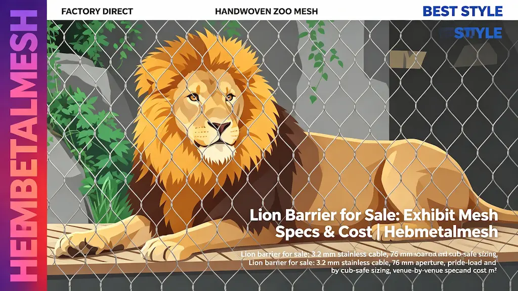 Lion barrier for sale – 3.2mm stainless cable 76mm aperture exhibit mesh specs and cost by Hebmetalmesh; flat vector illustration of a male lion resting behind handwoven stainless steel wire rope netting in a zoo big-cat enclosure.