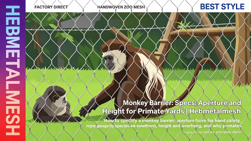 Monkey barrier – specs, aperture and height for primate yards by Hebmetalmesh; flat vector illustration of monkeys behind full-coverage handwoven stainless steel wire rope netting in a zoo primate enclosure with climbing structures.