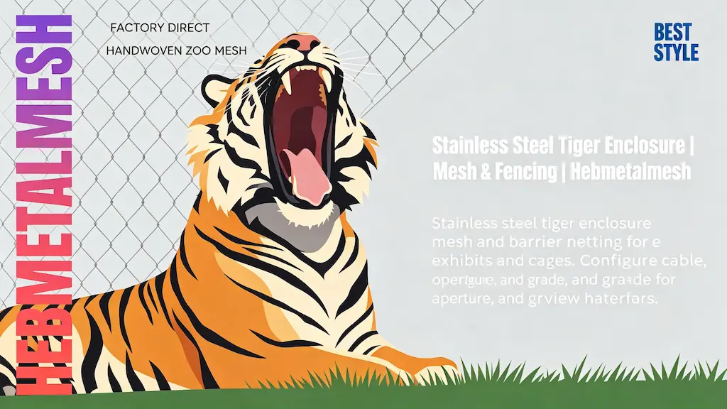Stainless steel tiger enclosure mesh and fencing by Hebmetalmesh – flat vector illustration of a tiger behind handwoven stainless steel wire rope netting for zoo exhibits and cages.
