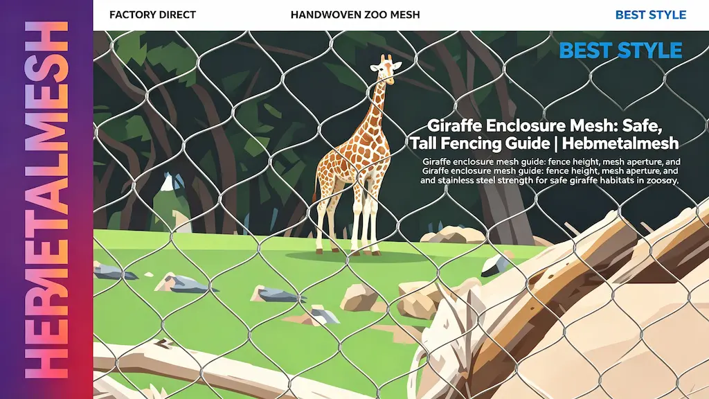 Giraffe enclosure mesh – safe tall stainless steel fencing guide for giraffe habitats by Hebmetalmesh; flat vector illustration of a giraffe standing inside handwoven stainless steel wire rope netting in a zoo enclosure with trees.