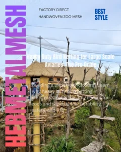 A massive walk-in zoo aviary enclosure using heavy-duty stainless steel bird netting to create a high-span canopy over a tropical bird habitat with visitor walkways.