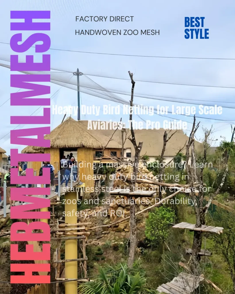 A massive walk-in zoo aviary enclosure using heavy-duty stainless steel bird netting to create a high-span canopy over a tropical bird habitat with visitor walkways.