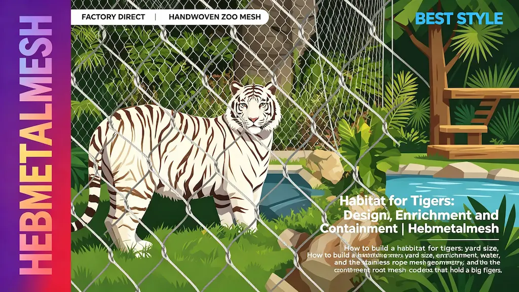 Habitat for tigers – design, enrichment and containment guide with stainless rope mesh by Hebmetalmesh; flat vector illustration of a white tiger behind full-coverage handwoven stainless steel wire rope netting in a tropical zoo enclosure.