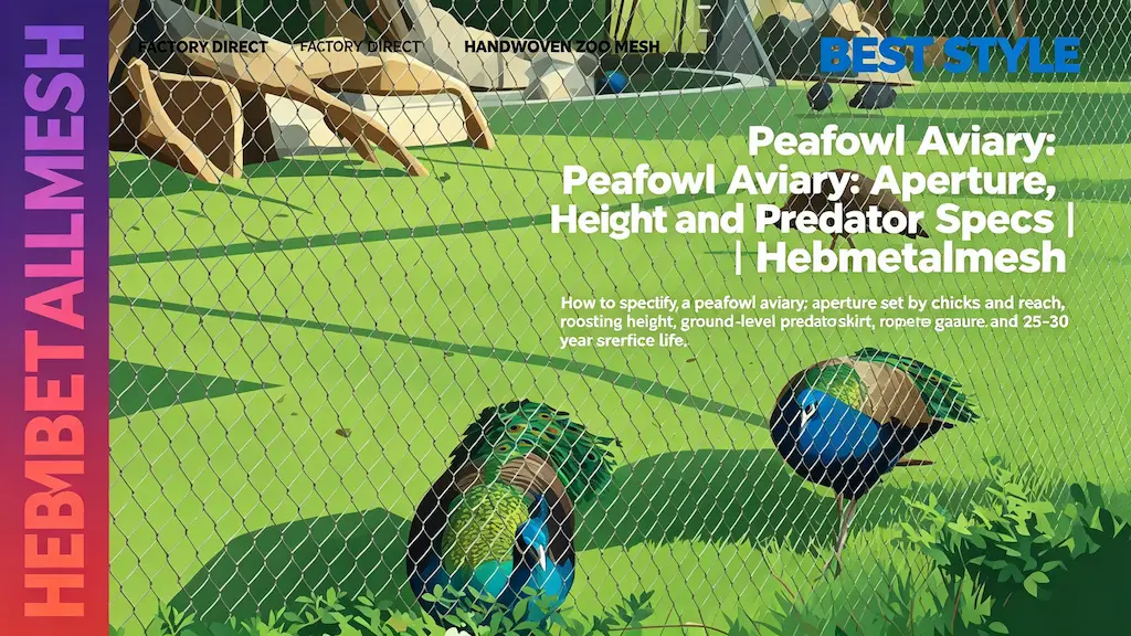 Peafowl aviary – aperture, height and predator specs guide for peacock enclosures by Hebmetalmesh; flat vector illustration of blue peacocks behind full-coverage handwoven stainless steel wire rope netting in a grassy zoo aviary.
