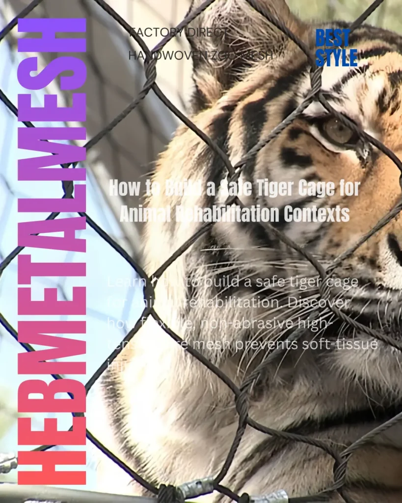 A close-up view of a tiger behind a secure, non-abrasive high-tensile wire mesh fence, demonstrating the type of barrier needed to prevent self-harm and soft-tissue injury in animal rehabilitation contexts.
