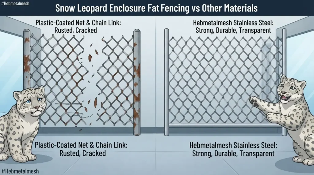 Comparison showing rusted plastic-coated chain link versus strong, transparent Hebmetalmesh stainless steel snow leopard enclosure fencing.