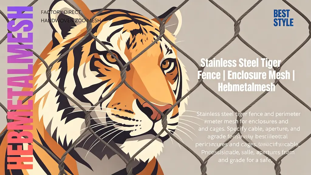 Stainless steel tiger fence and enclosure mesh by Hebmetalmesh – flat vector illustration of a tiger behind handwoven stainless steel wire rope perimeter netting for zoo cages.