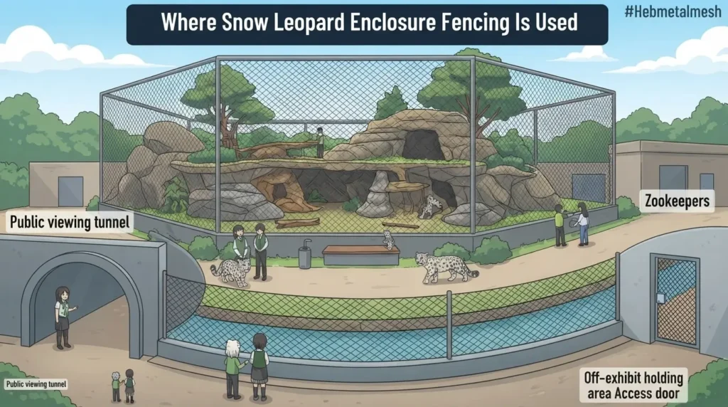 Illustration of a complete zoo habitat layout utilizing snow leopard enclosure fencing, public viewing tunnels, and secure perimeter barriers by Hebmetalmesh.