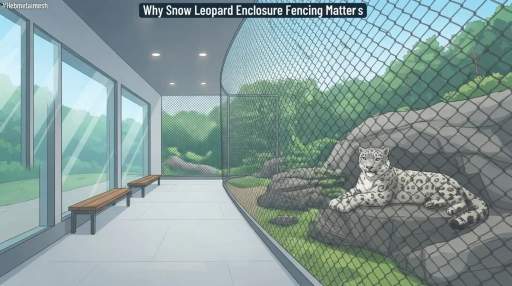 Modern snow leopard enclosure fencing featuring transparent stainless steel mesh providing a safe big-cat barrier in a zoo exhibit with Hebmetalmesh watermark.