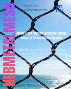 Close-up of hand-woven black oxide stainless steel rope mesh by hebmetalmesh, designed for climb-proof primate enclosures and monkey netting with high transparency.