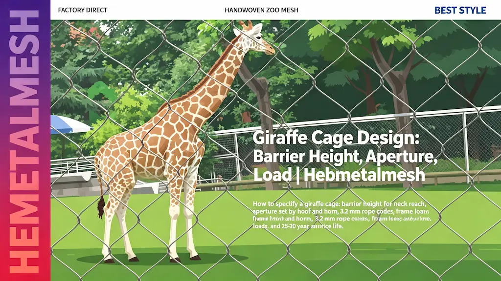 Giraffe cage design – barrier height, aperture and 3.2mm rope load specs by Hebmetalmesh; flat vector illustration of a giraffe behind full-coverage handwoven stainless steel wire rope netting in a tall zoo giraffe enclosure.