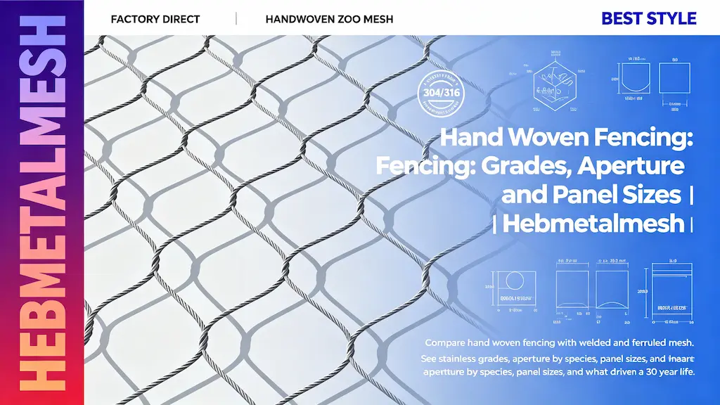 Hand woven fencing – stainless grades, aperture and panel sizes guide comparing hand-woven vs welded and ferruled mesh by Hebmetalmesh; flat vector illustration of handwoven stainless steel wire rope netting with 304/316 grade and aperture spec icons.