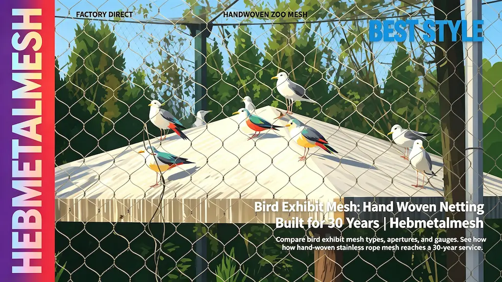 Bird exhibit mesh – hand-woven stainless steel netting built for 30-year service life in zoo aviaries by Hebmetalmesh; flat vector illustration of colorful birds perched inside a large handwoven stainless steel wire rope mesh aviary with metal posts.