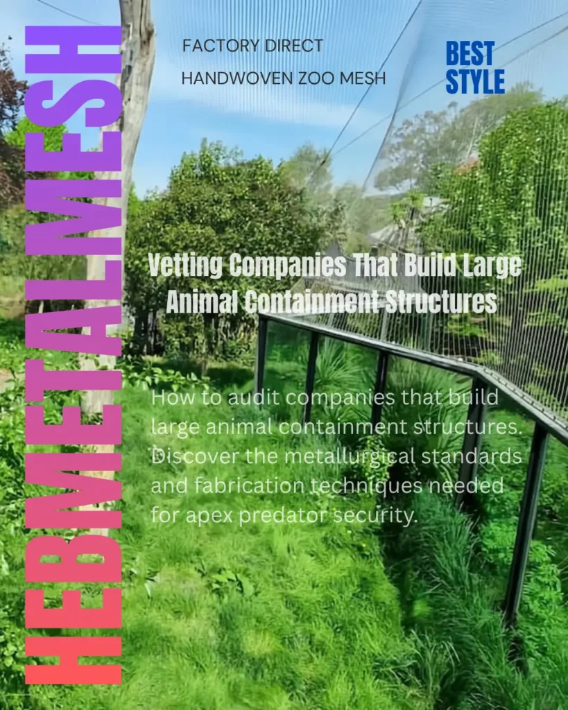High-tensile handwoven zoo mesh fencing installed along a green perimeter, demonstrating standard specifications used by companies that build large animal containment structures for apex predators.