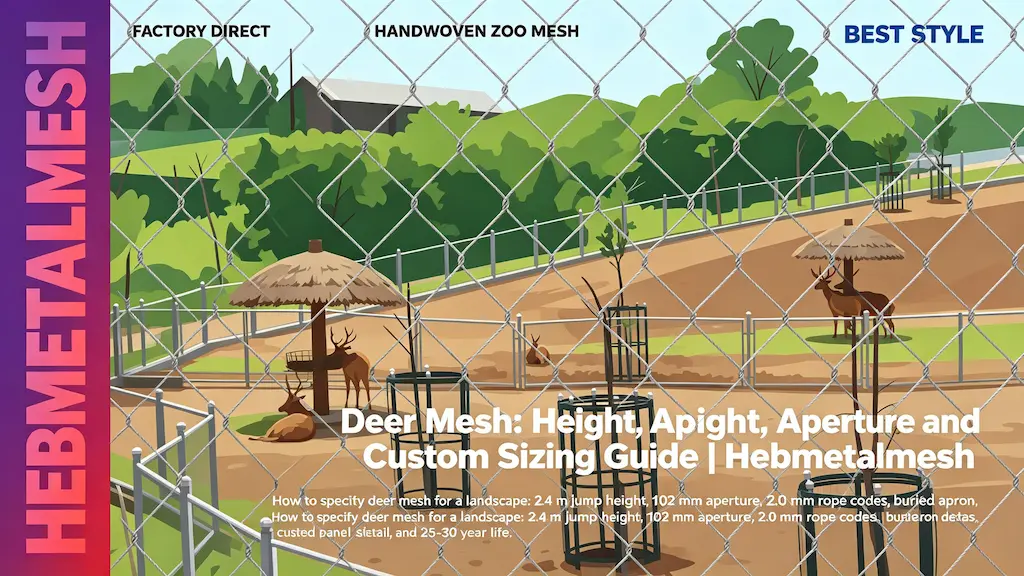 Deer mesh – 2.4m height, 102mm aperture and 2.0mm rope custom sizing guide by Hebmetalmesh; flat vector illustration of deer in a deer farm behind full-coverage handwoven stainless steel wire rope netting with hills and trees.