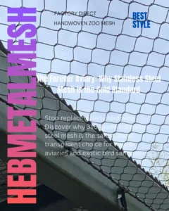 Black oxide stainless steel bird netting for large walk-in aviaries providing 90 percent transparency for parrot and macaw sanctuaries.